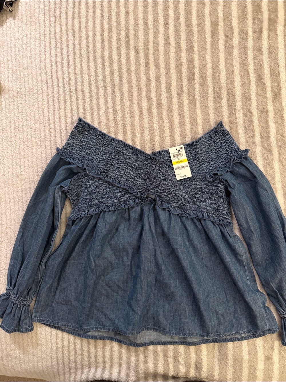 I.N.C Off-Shoulder Denim Blue Smocked Blouse